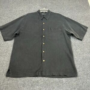 BARACUTA Men's 100% Silk Shirt Large Button Down Short Sleeve Black Casual